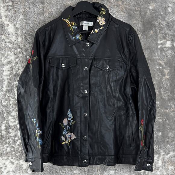 CJ Banks Plus Size 1X Moto Snap Floral Embroidered Faux Leather Jacket Black - Picture 1 of 9